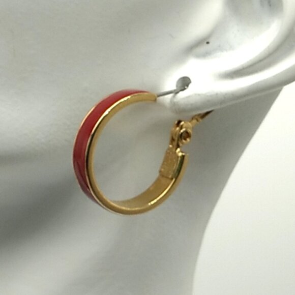 Vintage MONET Red Enamel Inlay Hoop Earrings Gold-Tone - Picture 1 of 16